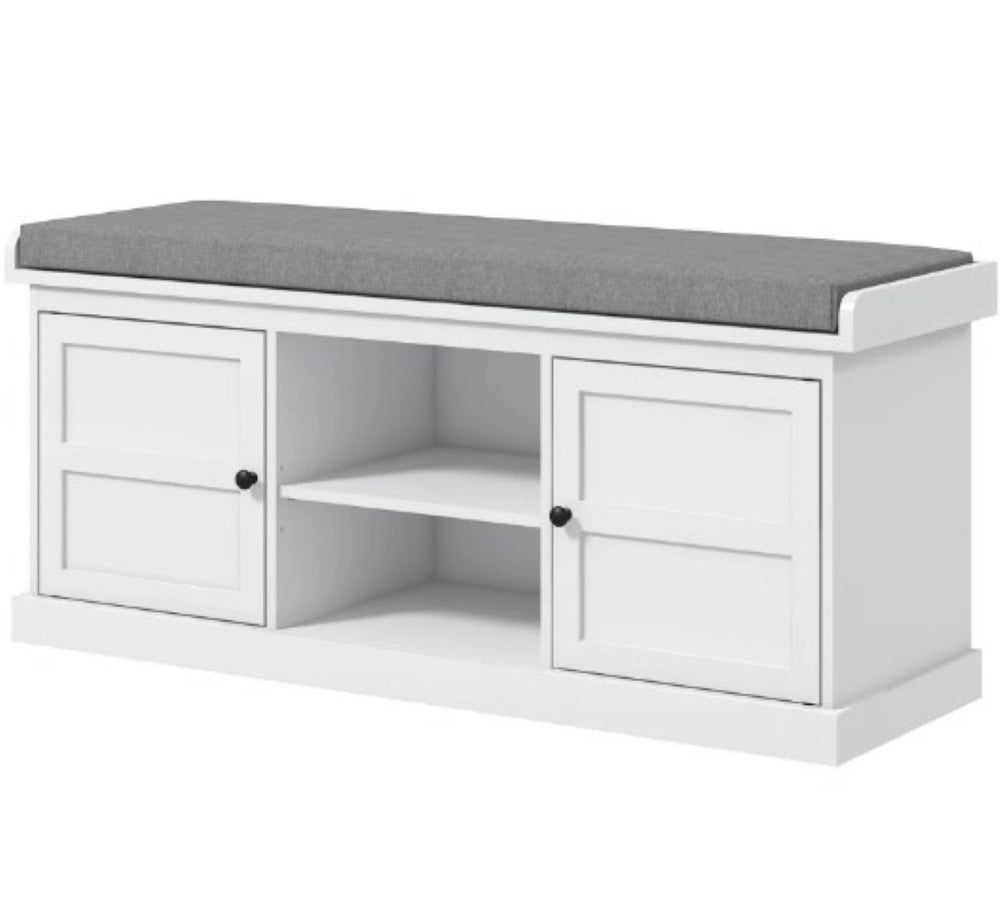 English Elm Entryway Storage Bench with Linen Cushion Enclosed Cabinets and Open Shoe Shelf T3971P430876