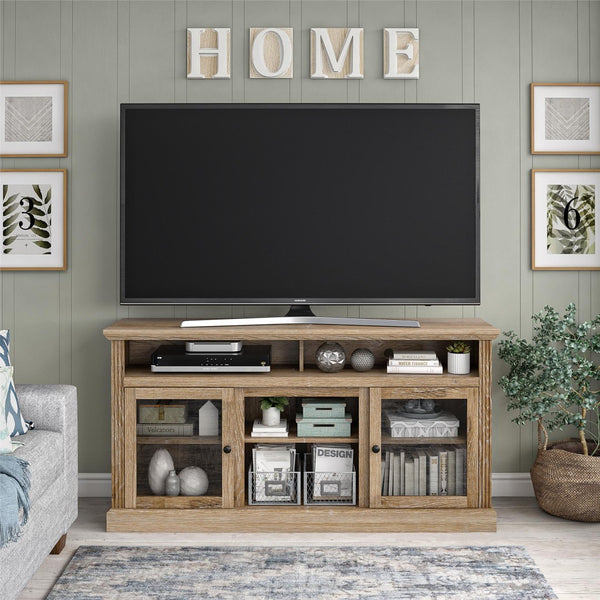 English Elm Chicago Wood Grain Tv Stand with Glass Door Cabinets for Living Room Media Storage B2733S00003