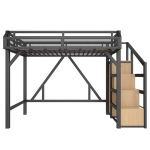 English Elm Twin Metal Loft Bed with Wardrobe Shelves Storage Stairs Led Lighting Usb Ports W1580S00404