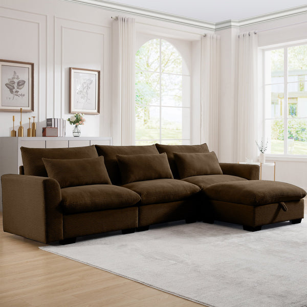 English Elm Corduroy Sectional Sofa - Versatile L-Shaped Couch With Storage Footstool & Lumbar Pillows, Brown W714S00661