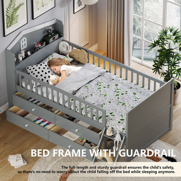 English Elm Twin Bed Frame with Storage Drawers and House Headboard, Kids Platform Bed with Guardrail Ladder and Shelf Gray 49.3 L x 16.25 W x 7.75 H N733S278032E
