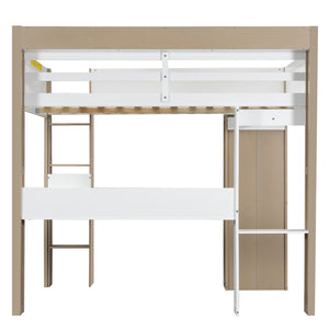 English Elm Full Size Wood Loft Bed With Desk, Wardrobe & Storage Shelves - Stylish Space-Saving Solution! N7090005007K