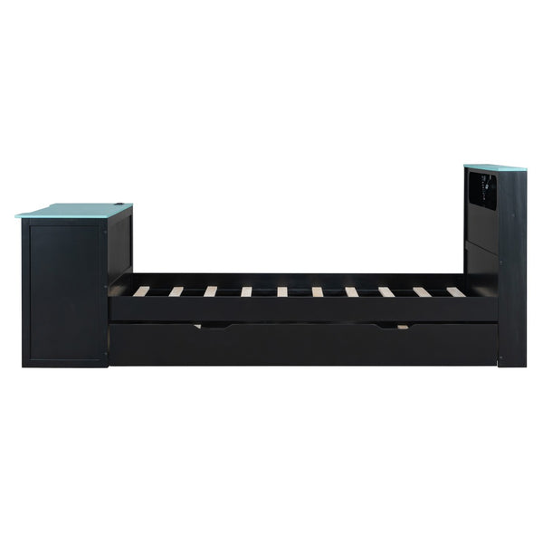 English Elm Twin Wood Gaming Daybed with Trundle Built-in Desk Rgb Lighting and Usb Port Black+Blue LT000283AAC