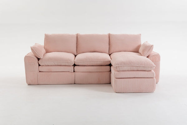 English Elm L Shaped Corduroy Modular Sectional with Cloud Cushions Footstool and Lumbar Pillows Pink W395S00138