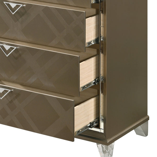 English Elm Skylar Mirrored Beveled 6-Drawer Dresser with Embossed Fronts, Acrylic Legs & Smooth Metal Glides Champagne 55 L x 20 W x 41 H B2726P261237