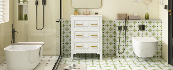 English Elm 24'' Bathroom Vanity with Ceramic Sink and 3 Drawers Retro Solid Wood Frame Freestanding Storage White N710P371184K