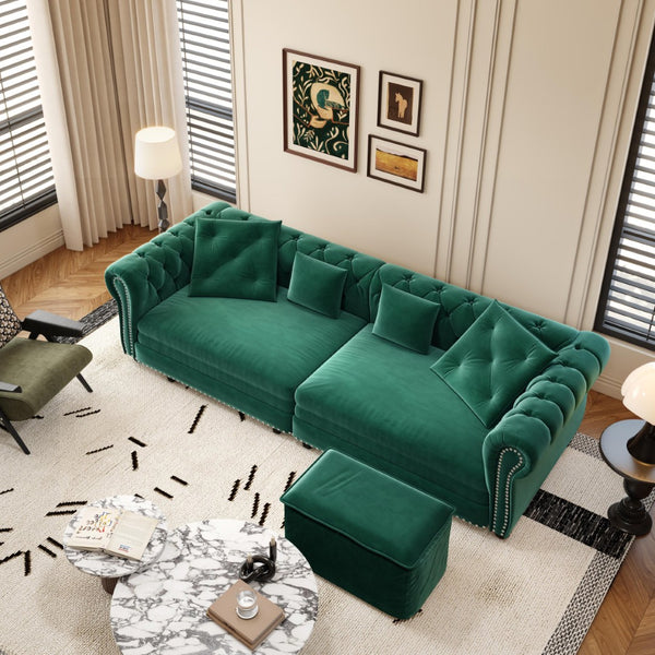 English Elm Chesterfield Tufted Velvet Sleeper Sofa King Convertible with Movable Ottoman 3 Seat W1885S00444