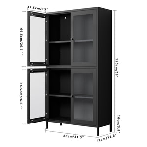 English Elm Classic Metal Storage Cabinet With 4 Glass Doors, Adjustable Shelves For Home & Office – Black Finish W2378P176372