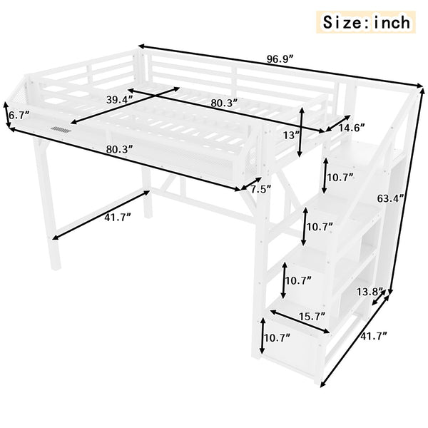 English Elm Full Xl Over Twin Triple Metal Bunk Bed with Storage Stairs and Shelves Black White W1580S00408