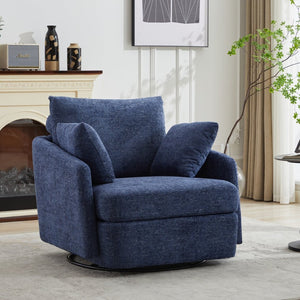 English Elm 40.55"w Oversized Round Swivel Accent Chair Chenille Upholstered Cozy Club Lounge Seating Navy W1298P248774