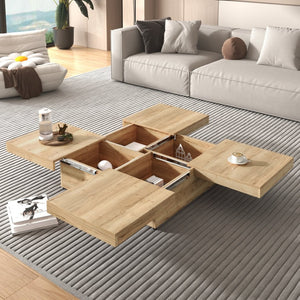 English Elm Square Marble Veneer Coffee Table with Sliding Top Hidden Storage Pedestal Base Natural N735P388120N