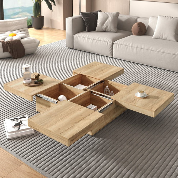 English Elm Square Marble Veneer Coffee Table with Sliding Top Hidden Storage Pedestal Base Natural N735P388120N