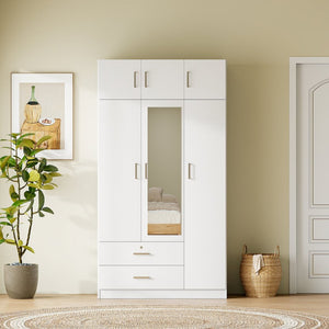English Elm 3-door Mirrored Wardrobe with Full Length Dressing Mirror Drawers and Top Cabinet White LP006005AAK