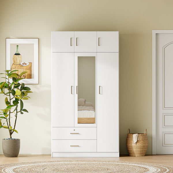 English Elm 3-door Mirrored Wardrobe with Full Length Dressing Mirror Drawers and Top Cabinet White LP006005AAK