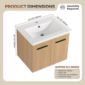 English Elm 24" Floating Oak Plywood Bathroom Vanity Set with Glossy Resin Sink Scandinavian Style W3450S00068