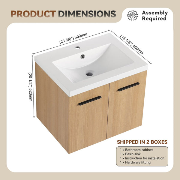 English Elm 24" Floating Oak Plywood Bathroom Vanity Set with Glossy Resin Sink Scandinavian Style W3450S00068