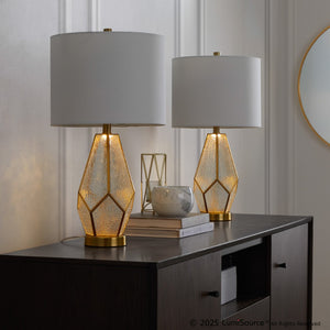 English Elm Glass Glam Table Lamp Set Two Linen Shade Nightstand Bedroom Accent Lighting Gold,White B202P471580