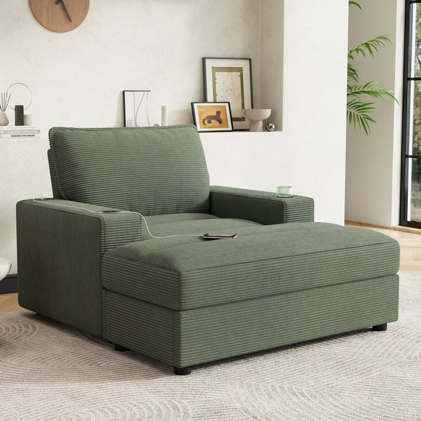 English Elm Christopher Knight Home® - 42.8" Oversized Chaise Lounge with Storage Ottoman, Corduroy Upholstery, USB Port & Cup Holders for Cozy Living Space Green N765P350851N