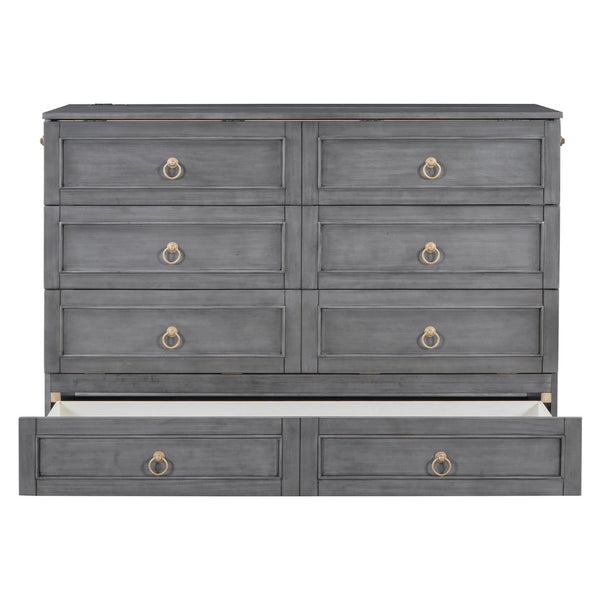 English Elm Queen Murphy Wall Bed with Rattan Panel Cabinet and Storage Drawers for Studio Rooms Gray LP000676AAE