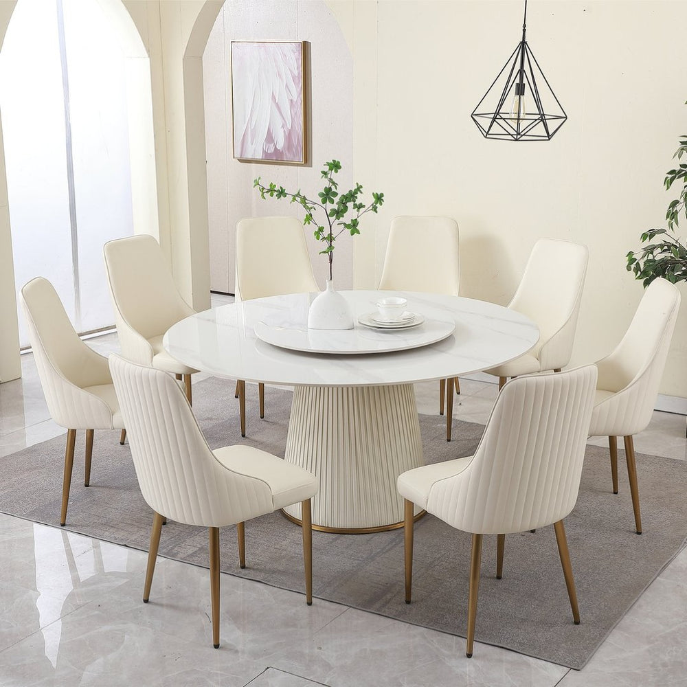 English Elm 59"modern Sintered Stone Round Dining Table Lazy Susan Pedestal Base with 8 Chairs W509S00167