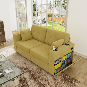 English Elm Sofas for Living Room Chenille Three Seat Couch with Usb Charging Storage and Cup Holder Mustard Yellow W395S00145