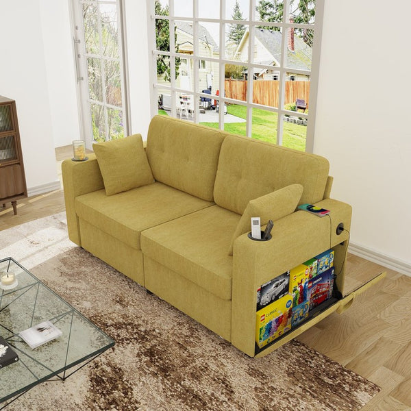English Elm Sofas for Living Room Chenille Three Seat Couch with Usb Charging Storage and Cup Holder Mustard Yellow W395S00145