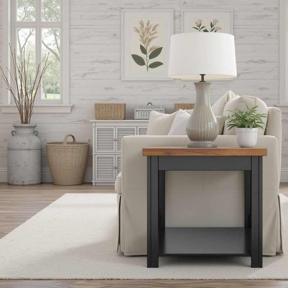 English Elm 24 inch Rustic Farmhouse Side Table Fully Assembled in Black & Whiskey Two-Tone Finish, Shelf Included B108P160148