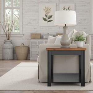 English Elm 24 inch Rustic Farmhouse Side Table Fully Assembled in Black & Whiskey Two-Tone Finish, Shelf Included B108P160148