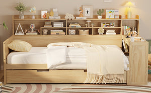 English Elm Wooden Twin Daybed with Trundle Built-in Desk and Open Shelves for Kids Rooms Natural N733S373389M