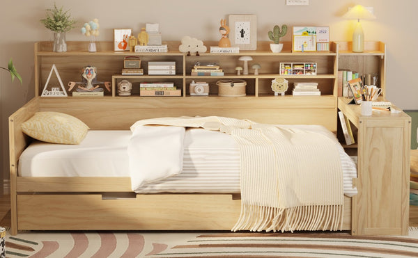 English Elm Wooden Twin Daybed with Trundle Built-in Desk and Open Shelves for Kids Rooms Natural N733S373389M