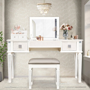 English Elm Mirrored Vanity Desk with Drawers and Flip-Up Mirror, Silver PU Stool, Crystal Knobs, Storage Elegance W2170P209976