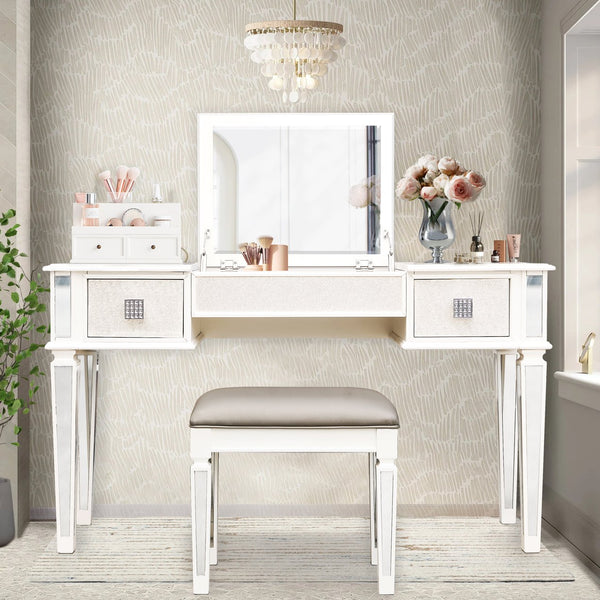 English Elm Mirrored Vanity Desk with Drawers and Flip-Up Mirror, Silver PU Stool, Crystal Knobs, Storage Elegance W2170P209976