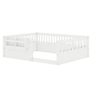 English Elm Twin Low Profile Kids Floor Bed Pine Wood Frame with Safety Rail and Built in Bookshelf White W1580P373138