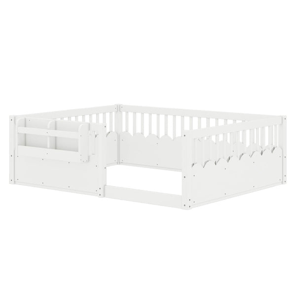 English Elm Twin Low Profile Kids Floor Bed Pine Wood Frame with Safety Rail and Built in Bookshelf White W1580P373138