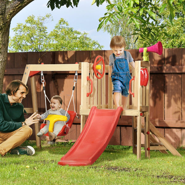 English Elm Outsunny Wooden Toddler Playset Backyard Swing Slide Captain Wheel Horn Ages W2225P229474