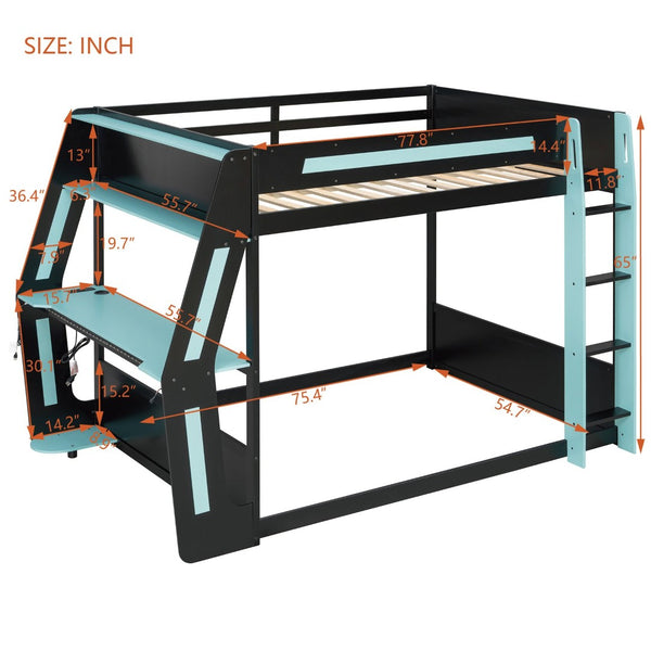 English Elm Full-size Gaming Loft Bed with Integrated Rgb Desk Usb Ports and Esports Frame Blue LT000239AAC