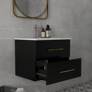 English Elm 24-Inch Wall-Mounted Bathroom Vanity With Ceramic Sink, Gold Handles & Double Drawers For Small Spaces W3151S00036