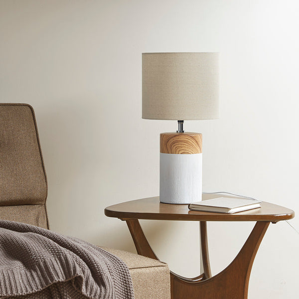 JLA Home 510 Design - Textured Ceramic Table Lamp with Two-Tone Wood-Grain Base & Drum Shade for Warm Ambient Light, Modern Bedroom Accent 5DS153-0036