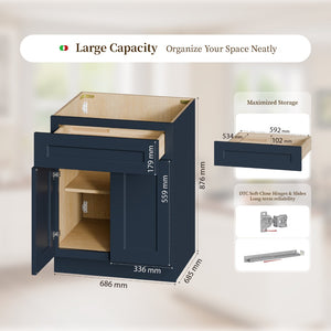 English Elm 27" Solid Wood Shaker Base Cabinet Navy Finish Soft Close Drawer Kitchen Bath Storage T2950P479980