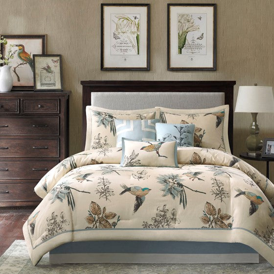 English Elm 7 Madison Park Quincy 7 Piece Comforter Set Cotton Twill Leaf & Bird Print OEKO‑TEX Queen Bedding Collection khaki 23.62 L x 18.9 W x 16.93 H B03597225