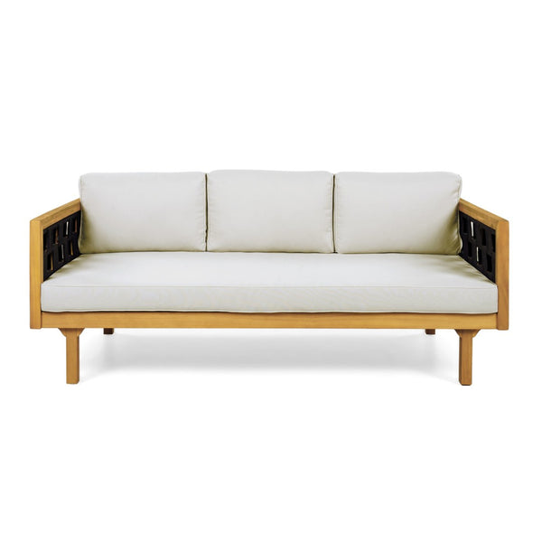 English Elm Luxury Acacia Wood Outdoor Daybed with Black Rope Weave and Grey Cushioned Seating N770P373436L_N770P234486F
