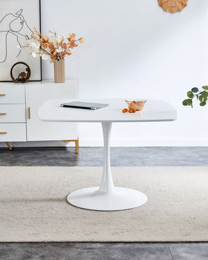 English Elm 42-inch Mid-Century Modern Pedestal Table – White MDF Top, Sturdy Metal Legs, Easy Assembly For Dining W3766P377025