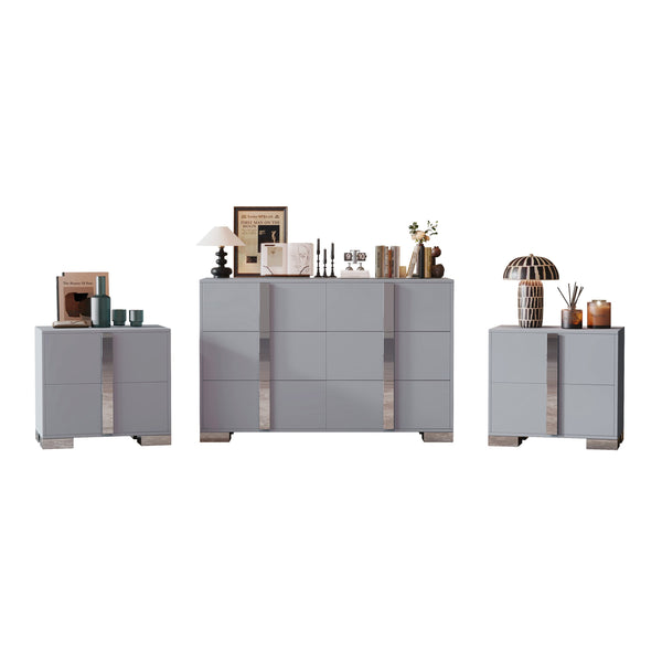 English Elm 3-Pieces Mirrored 6-Drawer Dresser and Two Nightstands with Sleek Metal Legs for Modern Living Gray 54.25 L x 20.75 W x 8.5 H N733S307938G