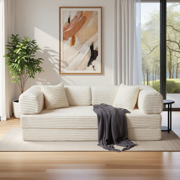 English Elm Compression Foldable Floor Sofa Bed Corduroy Futon with Foam Support for Small Spaces Beige W3716P379182