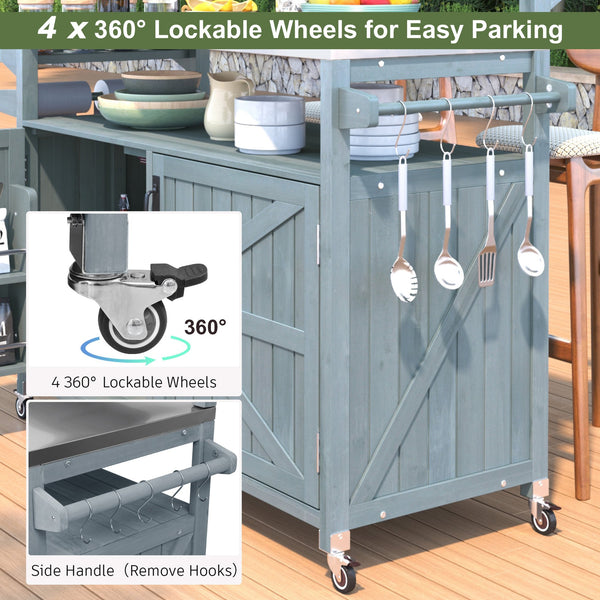 English Elm K&K 53.3" Outdoor Kitchen Island with 1.2" Stainless Top, Spacious Storage, Raised Shelf, Wheels Grey+Blue N707P250628G