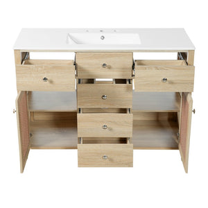 English Elm 48-inch Rattan Bathroom Vanity Solid Wood Frame Five Drawers Ceramic Sink Coastal Boho N765P38884950E