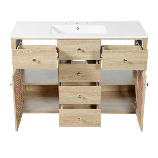 English Elm 48-inch Rattan Bathroom Vanity Solid Wood Frame Five Drawers Ceramic Sink Coastal Boho N765P38884950E