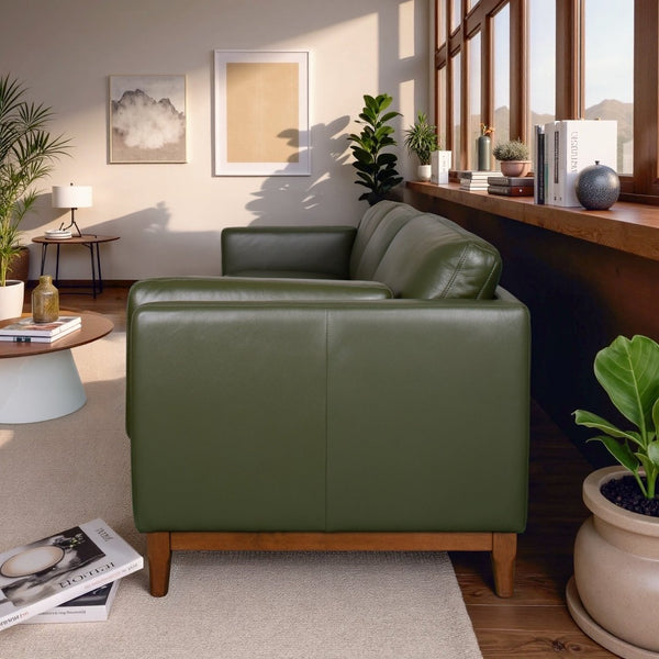 English Elm Raleigh Three Seat Top Grain Leather Sofa with Walnut Legs Mid Century Living Room B183P493695