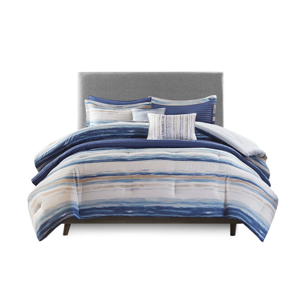 JLA Home Madison Park - 8 Seersucker Comforter and Quilt Set by Madison Park — 8-Piece Watercolor Stripe Bedding with Textured Shams & Decorative Pillows 92 L x 104 W x 1.5H MP10-6156