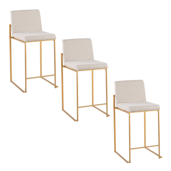 English Elm Fuji 26" High Back Counter Stool Set Of 3 In Elegant Gold Steel & Soft Beige Fabric For Modern Spaces B202P221964